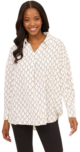 Adrianna Papell Diffusion Women's Textured Airflow V-Neck Johnny Collar Blouse, Ivory/Black Dotted Chain, S