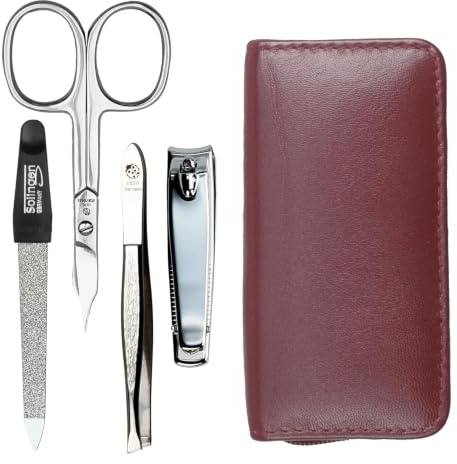 Hans Kniebes Maniküre Set 4-teilig Bordeaux – Reise Nagelpflege Set für Damen & Herren – Profi Edelstahl Nagelschere, Nagelknipser, Feile & Pinzette – Echtes Nappa Leder Etui – Pediküre Set