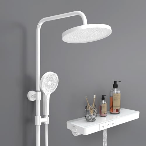 EMKE Système de Douche avec Thermostat, Ensemble de Douche à Effet Pluie, Plaque Thermostatique de 40 cm, Douchette à Main avec 3 Types de Jets, Douche à Effet Pluie avec Mitigeur, Blanc Mat