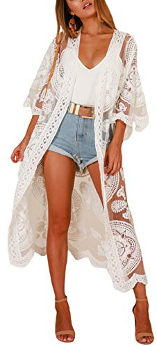 Edhomenn Bikini, täcka upp långärmad spetskofta broderitryck, cardigan smock kimono, lång strandklänning, 01 vit, en storlek