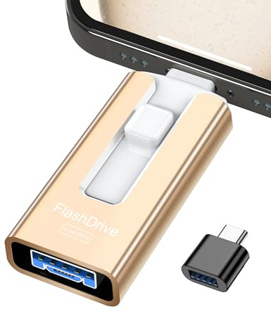 GNASEET 4-in-1 USB Stick 256GB, Photo Backup Flash Drive USB 3.0, Gold | Free Up Storage, Backup Photos & Videos, Transfer Files Easily, Multi-Device Use for Smartphones, Tablets, PC & Mac