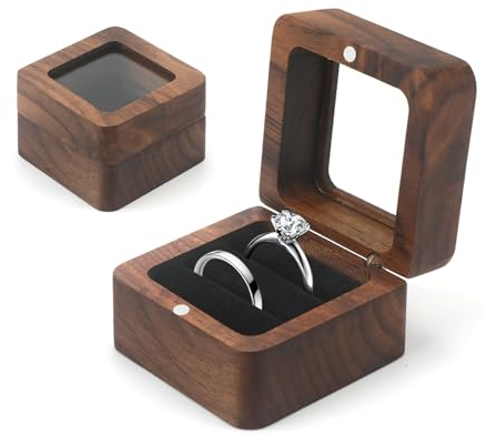 Ringbox, Ringbox Hochzeit, Ringschatulle, Ringbox Holz, Quadratische Ring Box aus Walnuss mit Transparentem Sichtfenster und Schwarzer Samt Verkleidung - Ringschatulle, Ringbox Zwei Ringe, Verlobung