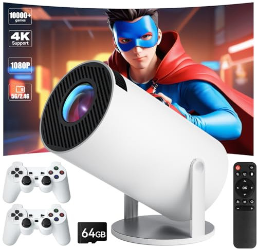 Olycism Mini Projektor 4K 1080P mit 2 Gaming-Controllern und mehr als 10000 Spielen Portable Projector Mini Android 12 Bluetooth 5.2 WiFi 6 Auto Keystone Mini Projektor für Handy Laptop