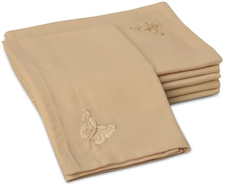 Encasa XO Tischservietten Set aus 6 | Baumwollservietten | 43x43 cm | Hellbeige Schmetterling Stickmuster