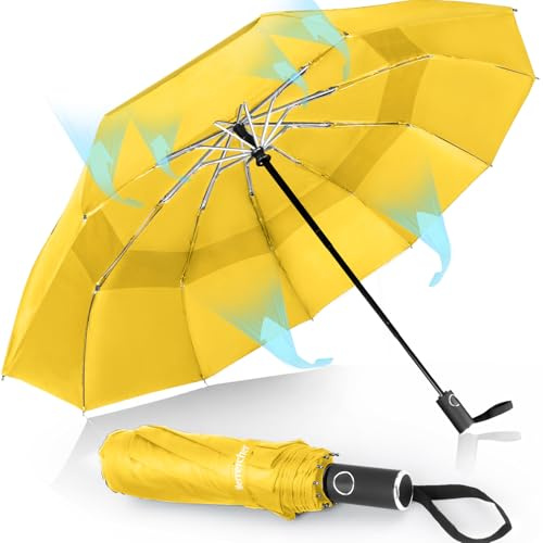 Herreicher Stormsäkert paraply stort fällbart paraply vindtätt stativ lätt paraply automatiskt paraply reseparaply vikbart kompakt golfparaply för män/kvinnor/barn/äldre, svart (gul)