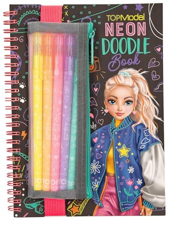 Depesche 13217 TOPModel Neon Doodle - Set de coloriage avec 70 Pages en Noir et Blanc, y Compris 5 Crayons Gel néon et des Autocollants