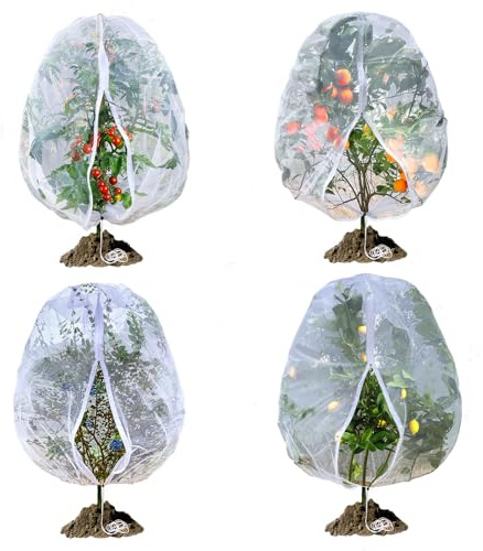 Fruit Tree Netting, RIFNY 3.9 X 3.3 FT Blueberry Bush Netting Cover with Zipper Drawstring, Outdoor Mosquito Net Garden Netting Cover Protector Plant from Birds Cicadas Animals Insect (4 PCS, White)