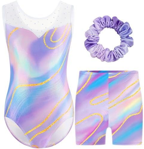 Boteria Gymnastics Leotards for Girls with Shorts Set, Long Sleeve/Sleeveless Dance Leotard Sparkle Dancewear for Kids 5-12 Years (Colorful-sleeveless, 11-12 Years)