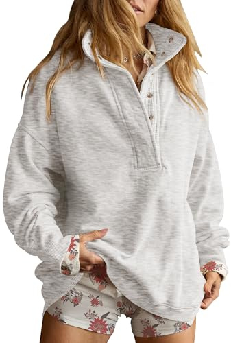 Gacaky Sweatshirt for Women Oversized Casual Long Sleeve Button Henley Neck Pullover Tops Fashion Outfits Clothes Light Gray M