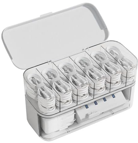 Cable Box Organizer, Clear Charger Cord Storage Case, Multi-Compartment Cable Management Cover, Tangle- Wire Organizer, Ideal for Charging Cables, Adapters, Small Electronics