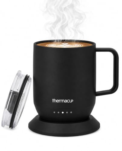 THERMACUP Premium Self Heating Coffee Mug, Temperature Controlled Heated Cup, Long Battery Life, Portable Electric Mug Warmer, Stainless Steel, Gift for Coffee Lovers, Home & Office (Black)
