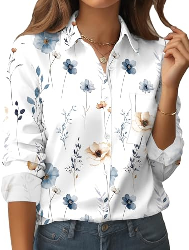 Zeagoo Long Sleeve Button Down Shirts Shirts for Women Summer Dressy Fashion Outfit White Floral Work Blouses Business Casual