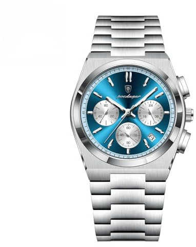 Poedagar Reloj deportivo de cuarzo para hombre, impermeable, luminoso, fecha, cronógrafo, negocios, moda, acero inoxidable, Plateado, azul y blanco