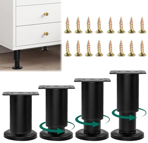 BEASAFY 4 Pièces Pied Reglable pour Meuble, 8-12 cm Pieds de Meubles, Métal Noir Pied Réglable pour Armoires, Tables, Canapés, Lits, Tables de Chevet, Chaises