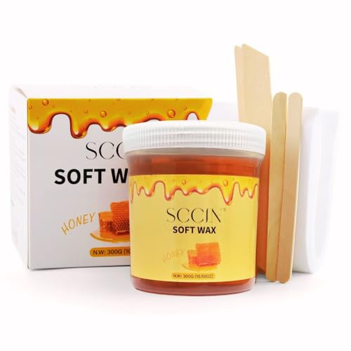 SCCIN Soft Wax Hair Removal Kit 300G with 20 Wax Strips and 4 Wooden Spatulas. Honey Scent Depilatory Jar. Face, Arms, Legs, Bikini, Underarm & Stuborn Hair.