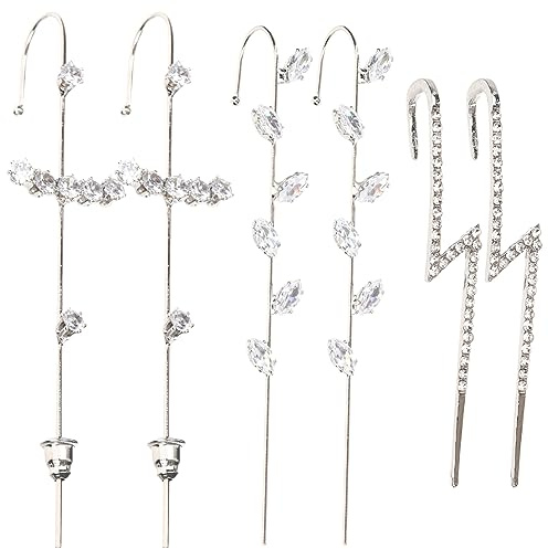 Garneck 6pcs Rhinestone Ear Hook Clip Non Piercing Ear Cuff Earrings Women Silver Leaf Design Birthday Christmas Jewelry