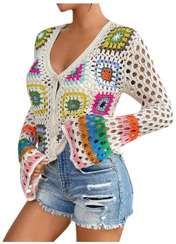 Top Shirt Boho Crochet Rainbow Manga Larga Chaqueta de Punto Única Top de Punto con Patrón Étnico Calado Blusa Con Mariposas Mujer, Blanco, XL