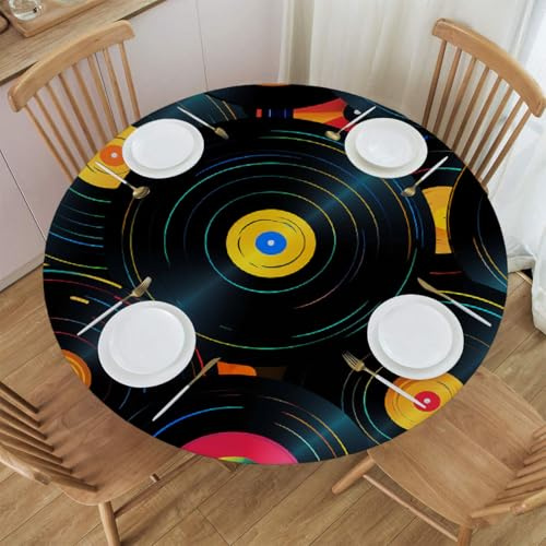 Mexpekil Round Tablecloth Covers, Retro Cds Vintage Musical Circular Tablecloth, Elastic Waterproof Table Cover for Outdoor Indoor Kitchen Garden Dining Room, M