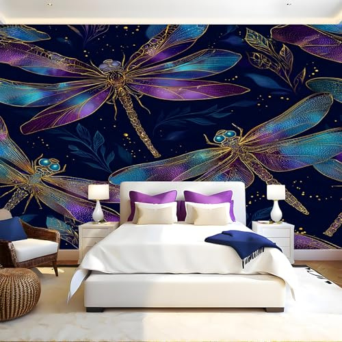íNdigo Profundo Fotomurales Tejido no Tejido Libélula púrpura Papel Pintado Decor de Pared Murales Póster Efecto 3D Papel Tapiz Moderno para Dormitorio Salón TV Pared 300 x 210 cm