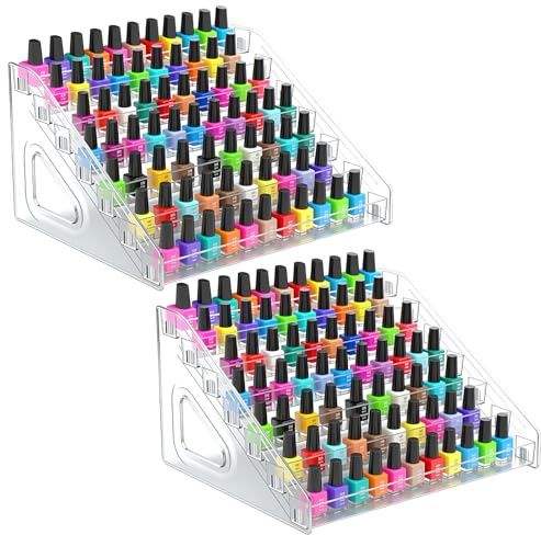 PercyEffie 2 Pack 7 Tier Oil Nail Polish Display Rack Sunglass Essential Nail Polish Organizers Acrylic Makeup Oils Ink Storage 84 Bottles Nails Polishs Large Capacity No Tool Needed Assembly Clear