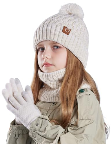Set Cappello, Sciarpa e Guanti Invernali per Bambini, Caldo Berretto in Maglia Termica, Scaldacollo Snood, Guanti Touchscreen, Set Accessori Invernali con Fodera in Pile Morbido per Bambini 4-11 Anni