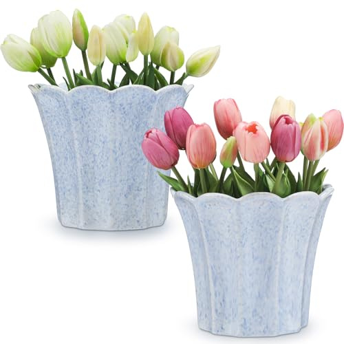 Honeydak 2 Pcs Fluted Ceramic Pots for Plants 7.5 x 6.5 Inches Scalloped Modern Planters for Indoor Plants Fluted Tulip Cachepots Ceramic Flower Pots Home Garden Patio Office Outdoor Planter