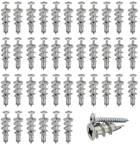 80 Pcs Plasterboard Fixings Kit, Heavy Duty Plasterboard Wall Plug | Drywall Anchors with Screws, Self Drilling Screws Plugs for Cavity Walls, Concrete, Brick Installation