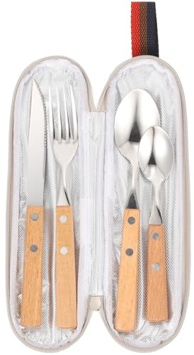 Abaodam Camping Besteckset aus Edelstahl und Holz mit Aufbewahrungstasche Praktisches Picknickgeschirr für Küche und Outdoor Festes Griffdesign für Erwachsene und Kinder
