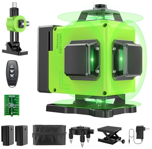Nivel Laser Autonivelante 360 Grados, Nivel Láser Verde 16 Líneas, 2 x 360 Horizontal y 2 x 360 Verticales, 2 x Batería, Montaje en Pared, Control Remoto, Base Magnética, Soporte Giratorio