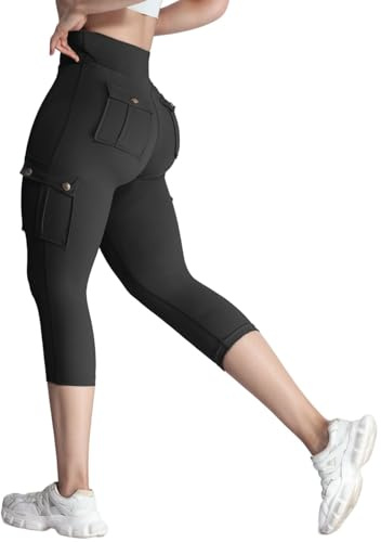 Cargo Capri Pants for Women Elastic High Waisted Tummy Control Leggings Stretch Butt Lifting Running Yoga Pant 2026 Black