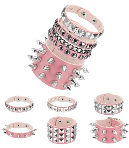 QUARKZMAN 9 Piezas Set De Pulseras De Cuero Con Tachuelas Estilo Rock Punk 8.7/22cm Brazalete Ajustable Con Púas Estilo Gótico Para Fiestas De Halloween Accesorios Emo Grunge Color Rosa
