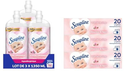 Soupline - Pack Familial Hypoallergénique | Lot 3x1,35L Adoucissant Douceur & Soin + 3 Boîtes 20 Lingettes Sèche-Linge - Linge Doux et Délicat