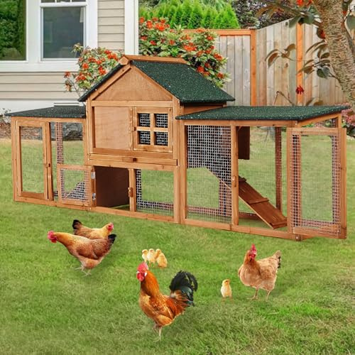 GarveeLife 80 in Wooden Rabbit Hutch, Outdoor Chicken Coop, Bunny Hutch Guinea Pig Pet House Bunny Cage with Double Side Runs, Weatherproof Roof, Removable Tray, Ramps for Small Animals
