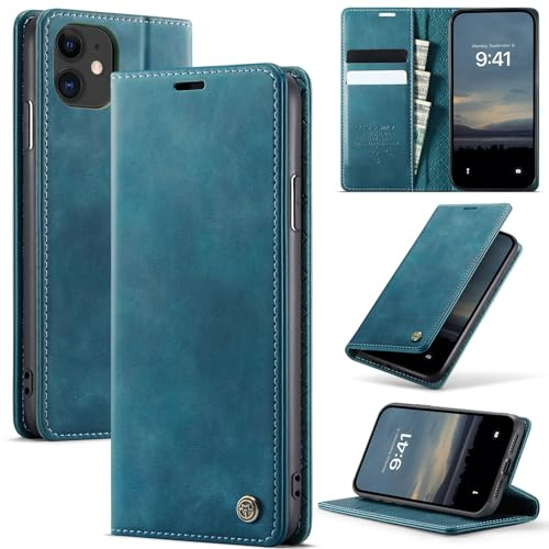 Cracedily Handyhülle für iPhone 11 Hülle Premium PU Leder Klappbar Stoßfeste Tasche Flip Case [RFID Blocker] Magnet Kartenfach Standfunktion Klapphülle Schutzhülle für iPhone 11, Blaugrün