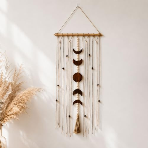Gimifukim drömmande boho väggdekoration, hängande makramé vägghängande med månfaser träpärlor och tofsar, estetisk rumsinredning för sovrum vardagsrum fönsterdekoration