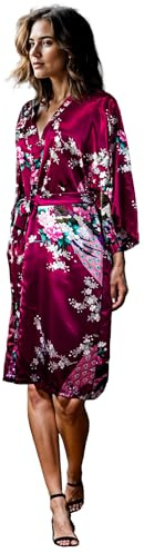 CCcollections Long Kimono Robe pour Femme, Peignoir de Luxe Léger - Élégante Robe de Nuit & Peignoir de Mariée, Cadeau Parfait pour une Douche Nuptiale & Loungewear de Luxe (Bourgogne Rouge)