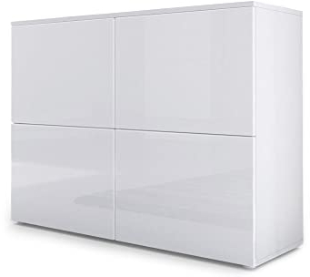 Vladon Sideboard Rova, Made in Germany, Kommode mit 4 Türen, Weiß matt/Weiß Hochglanz/Weiß Hochglanz (92 x 72 x 35 cm)