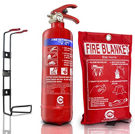 Boat Safety Approved 34 B Rating FSS UK 1 KG ABC Dry Powder FIRE Extinguisher with FIRE Blanket. BSI KITEMARKED. Also Used for Transport Homes Kitchen Offices Cars Taxi CABS Trucks GARAGES Hotels