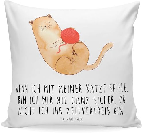 Mr. & Mrs. Panda Dekokissen Katze Wolle - Geschenk, Kater, Sofakissen, Wollknäuel, Zierkissen, Kissen 40x40, niedlich, Katzendeko, Haustier,
