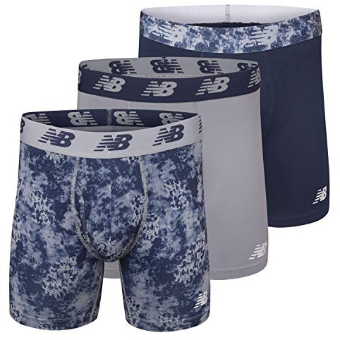 New Balance Men's Performance Boxer Briefs with Fly, Breathable Stretch Underwear, Moisture Wicking, Soft Waistband (3 Pack), Print/Steel/Pigment, Small