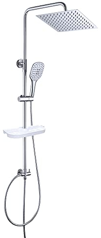 JOHO Colonne de Douche Hydromassante avec Étagère Douche sans Percage Blanc Ranger Shampooing Savon Système de Douche Pluie Réglable en Hauteur pour Salle de Bain Pommeau Douche 25x25cm