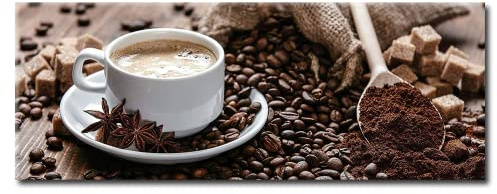 STYLER Küchenbild Coffee 30 x 80 cm I Glasbild Küche mit gerösteten Kaffeebohnen I Wandbild Braun Cafe Kaffeetasse Zuckerwürfel Kochlöffel I Wanddeko Home Kunstdruck I Deko Küche Vintage