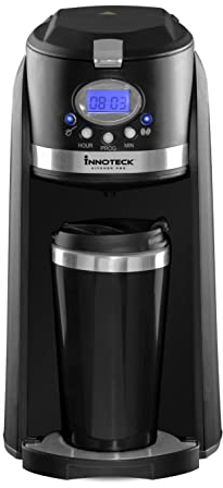 Innoteck Travel Filter Coffee Maker Grind and Brew 2 in 1 On-The-Go Automatic Coffee Machine with Stainless Steel Thermo Travel Mug, Black/Chrome, DS-5907