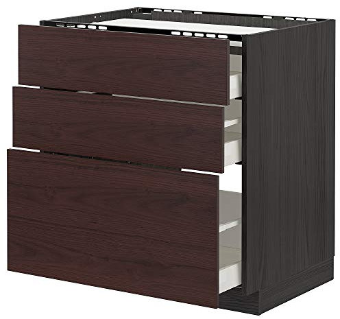 Table de cuisson METOD/MAXIMERA - 3 façades - 3 tiroirs - 80 x 61,6 x 88 cm - Noir Askersund/marron foncé effet frêne
