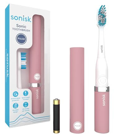 Sonisk Pulse | Spazzolino elettrico alimentato a batteria | Formato da viaggio portatile con tecnologia antimicrobica Sonic | 1 batteria, 2 testine, 1 custodia da viaggio inclusa (rosa polvere)