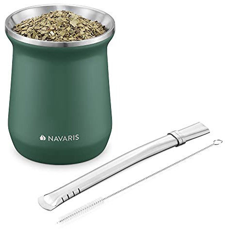 Navaris Mate con Bombilla - Kit de 1x Vaso de Acero Inoxidable 300 ML para Preparar infusión de Yerba Mate 1x Pajita 1x Cepillo de Limpieza - Verde