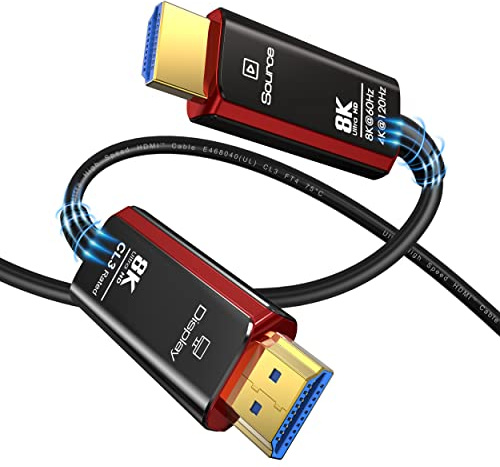 Cavo HDMI Fibra Ottica 15 metri 8K, Classificato CL3 Cavo HDMI 2.1 8K@60Hz 4k@120/144Hz, Altissima velocità 48Gbps Dynamic HDR, eARC, ARR, Dolby Atmos, Compatibile con PS5, Xbox X Series, UHD TV, PC