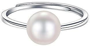 Dtja Shell Pearl 925 Sterling Silver Adjustable Ring for Women Girls Expandable Round Ball Wedding Statement Finger Rings Comfort Fit Simple Elegant Engagement Promis Birthday Jewelry Gift (8mm)