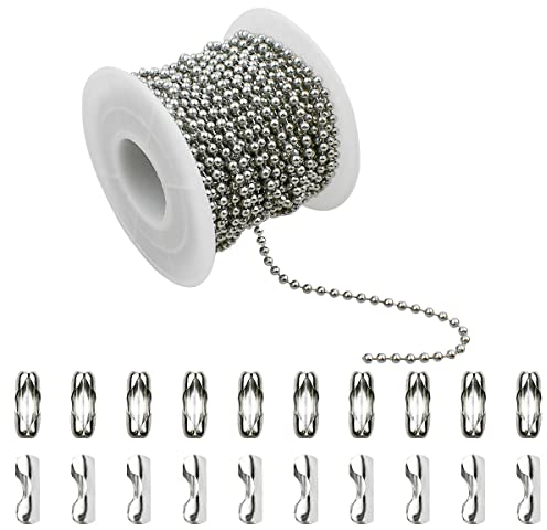 100 cm lange Edelstahl-Kugelkette für die Schmuckherstellung mit 20 passenden Verbindungsstücken, silberfarbene Metallzugkette, Rollkugel für Hundemarken (2,4 mm im Durchmesser)