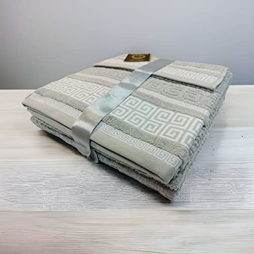 Mercatienda Juego de Toallas 100% Algodón Portugués Grego Gris Set de Toallas de 3 Piezas: Baño, Lavabo y tocador. 600g Algodón de Calidad. Diseño Brocado en Toda la Toalla. Tacto Supreme